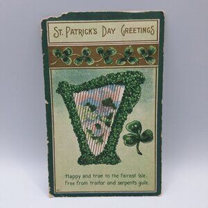 Antique St Patricks Day Postcard‎ Shamrock Harp Scene Mailed 1910 Collectible